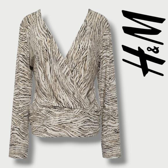H&M Women’s Cream Animal Print Wrap Blouse – Large, Polyester Blend, Gently Used - Picture 8 of 9
